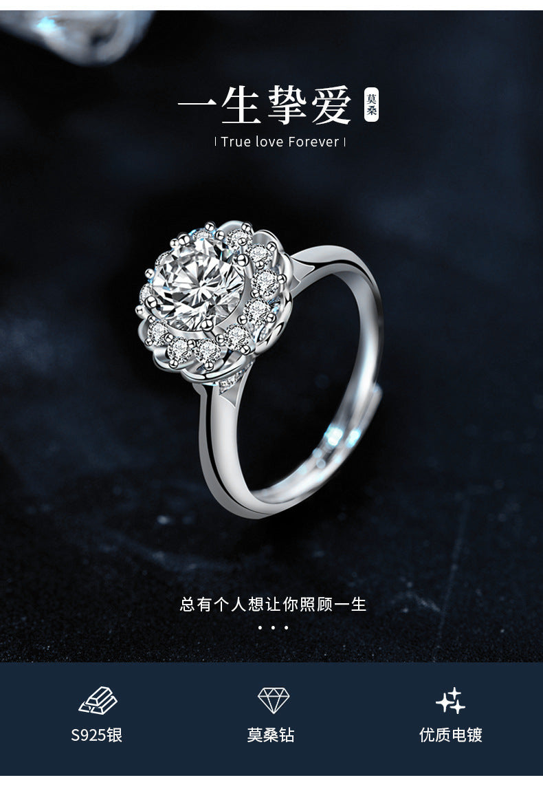 Moissanite engagement ring 1 carat 925 silver round bezel women's wedding gift open jewelry