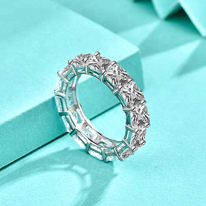 925 Sterling Silver European and American Foreign Trade Full Diamond Zircon Ring Princess Square Ring Fashion Hip Hop Jewelry Cross-border Wholesale