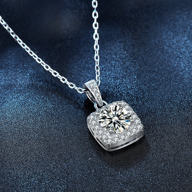 Moissanite 925 Sterling Silver Necklace Women's Ins Style Princess Square Bag Pendant Square Personality Choker Jewelry New Live Stream