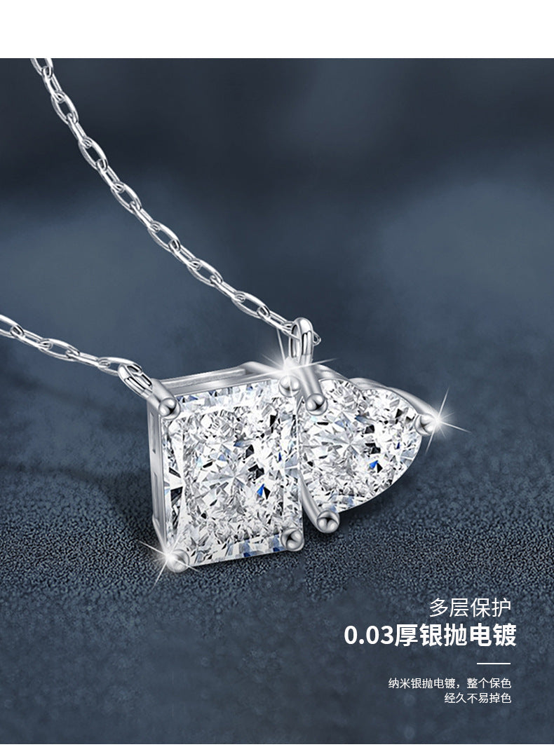 Cross-border Jewelry Moissanite Necklace 925 Sterling Silver Women's Pendant Rectangle Heart Clavicle Chain European and American Hot-selling Necklace
