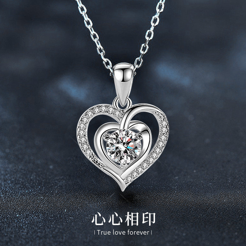 925 Silver Heart Necklace Silver Jewelry Moissanite Trendy Collarbone Pendant Birthday Gift for Girlfriend Accessories