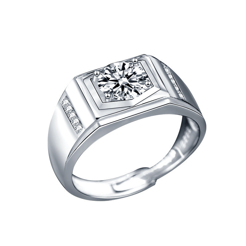 925 Sterling Silver Men's Ring Jewelry High-End Moissanite Simulated Diamond Ring European and American Hip Hop Men's Ring Cross-Border Good Product
