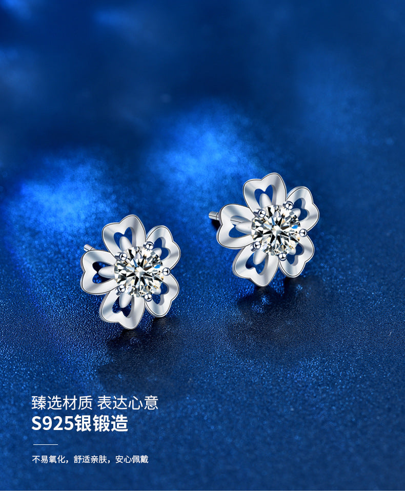 Sakura Stud Earrings for Women, Summer Literary Style, Moissanite Diamond Earrings, New Original 925 Silver Needle Fairy Flower Earrings