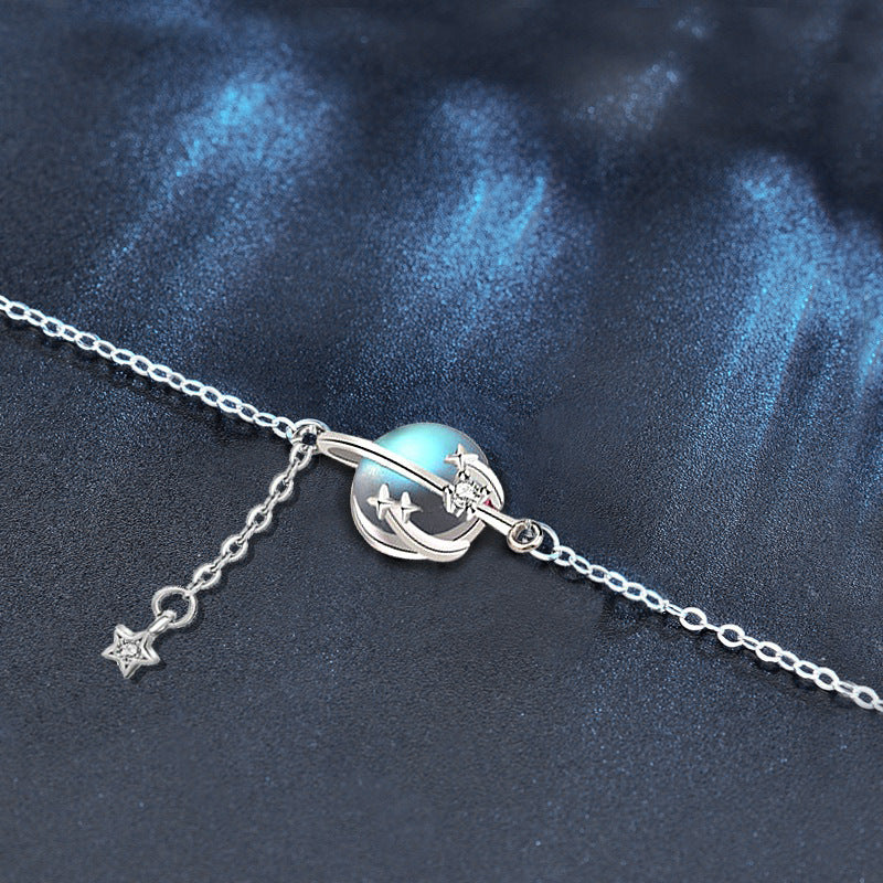 Moonstone Planet Bracelet 925 Sterling Silver Bangle for Women Mori Style Sweet Cute Tassel Small Ornaments