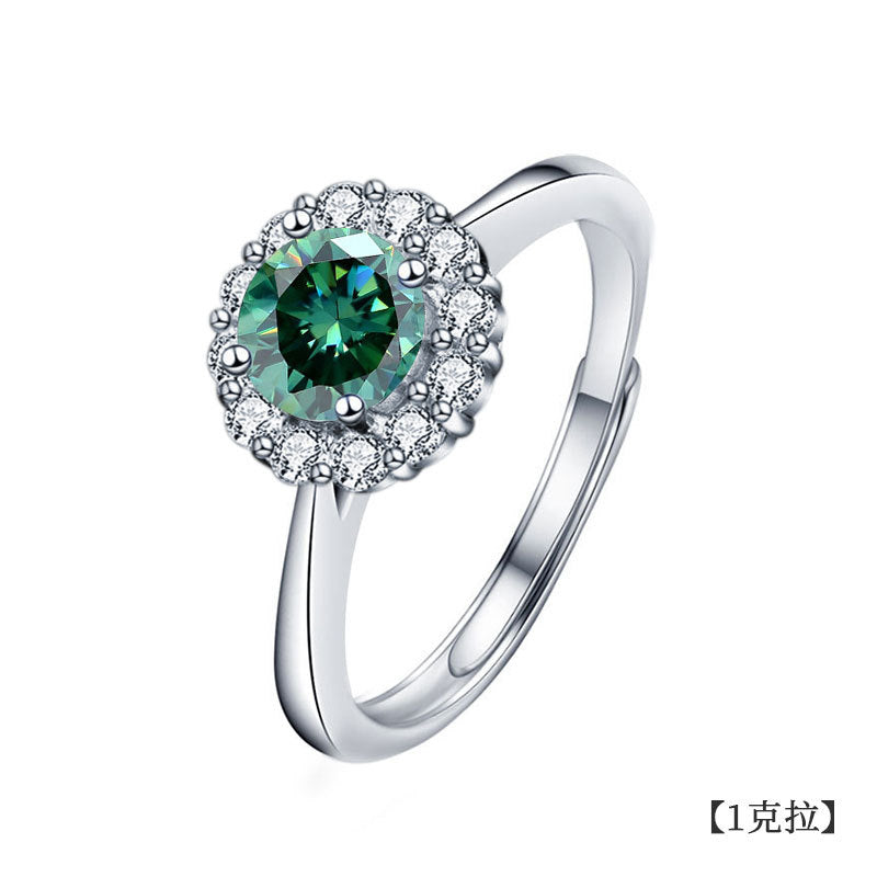 925 Sterling Silver Sunflower Ring Women's European and American Fashion Four-Claw Open Moissanite Diamond Ring Simulated Diamond Finger Ring