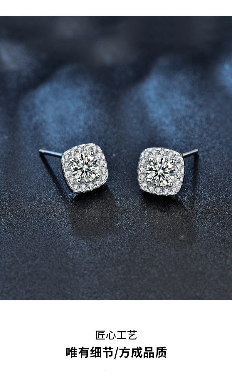 Moissanite 925 Sterling Silver Earrings Silver Needle Wholesale Women's Simple Geometric Square Earrings Small Earrings Ins