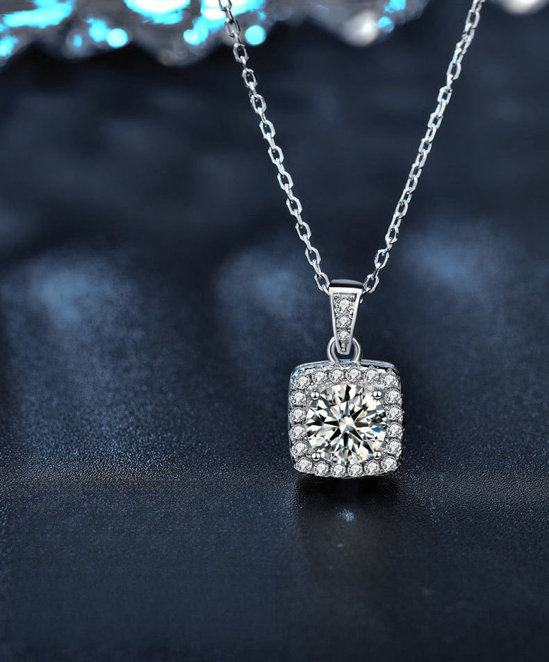 Moissanite 925 Sterling Silver Necklace Women's Ins Style Princess Square Bag Pendant Square Personality Choker Jewelry New Live Stream