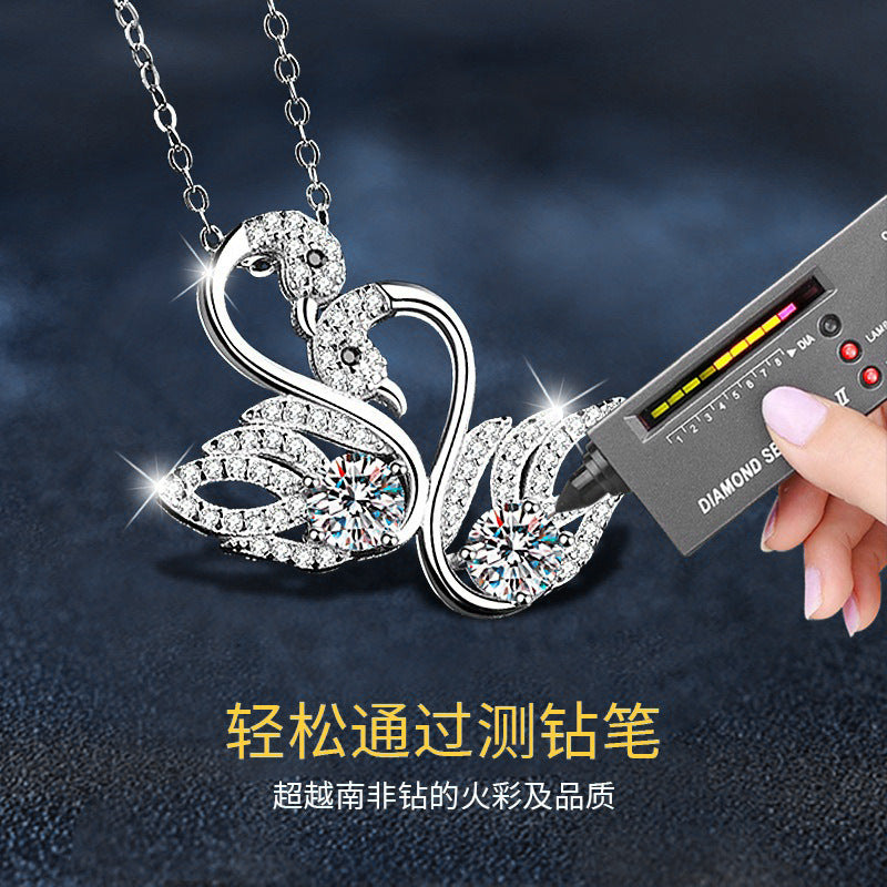 925 Silver Moissanite Double Swan Necklace, Women's Lightweight Luxury, Unique, Non-fading, Versatile Pendant, Collar Chain, DIY Accessories