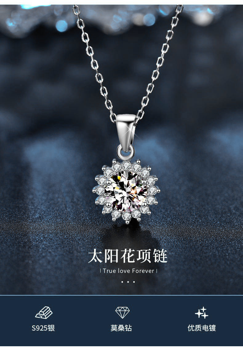 Moissanite 925 Sterling Silver Sunflower Necklace, European and American Flower Pendant, Cross-border Clavicle Necklace for Women