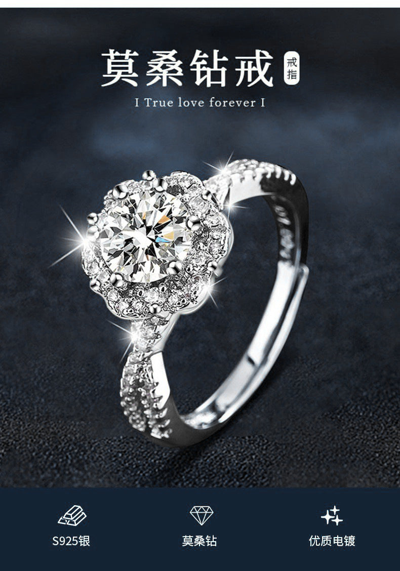 925 Sterling Silver Ring, Non-Fading, High-End Minimalist Style, Moissanite Open Ring, European and American Cross-Border Jewelry
