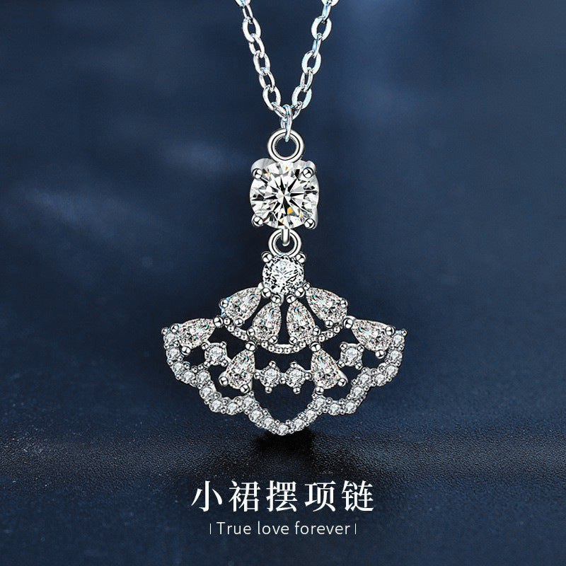 Moissanite small dress necklace for women, 925 pure silver full diamond fan pendant, unique design accessory, collar accessory