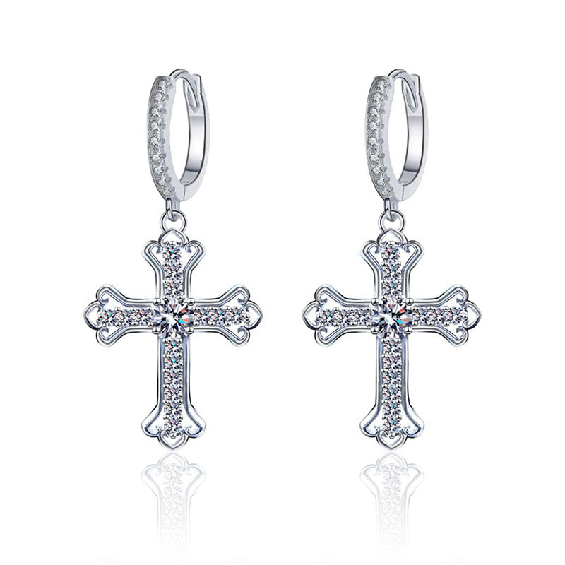 Wholesale 925 sterling silver earrings for women, new Moissanite cross ear buckles, trendy and high-end earrings with an ins style