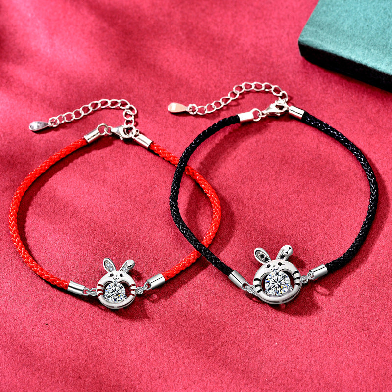 Moissanite Diamond Lucky Rabbit Couple Wristband 925 Pure Silver Bracelet High Version National Trend Zodiac Rabbit Year of Birth Ornament