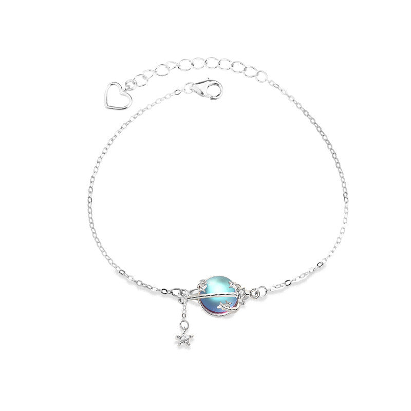 Moonstone Planet Bracelet 925 Sterling Silver Bangle for Women Mori Style Sweet Cute Tassel Small Ornaments