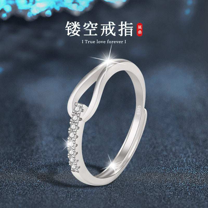 Mossianite 925 Silver Hollow Ring, Color-Lasting, Unique Design, Cold Style, Open Ring, Cross-border Jewelry