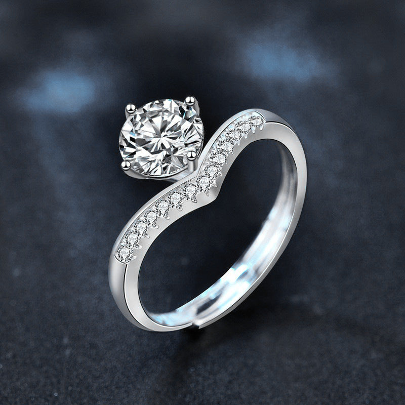 925 Sterling Silver Women's Princess Crown 1 Carat Moissanite Ring Fashion Open Ring V-shaped Heart Ring