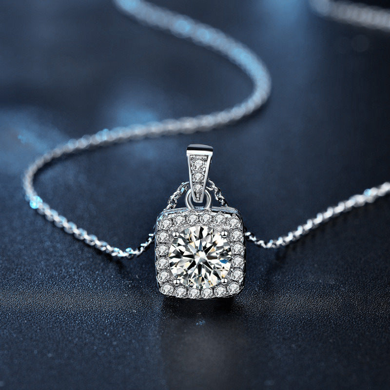 Moissanite 925 Sterling Silver Necklace Women's Ins Style Princess Square Bag Pendant Square Personality Choker Jewelry New Live Stream