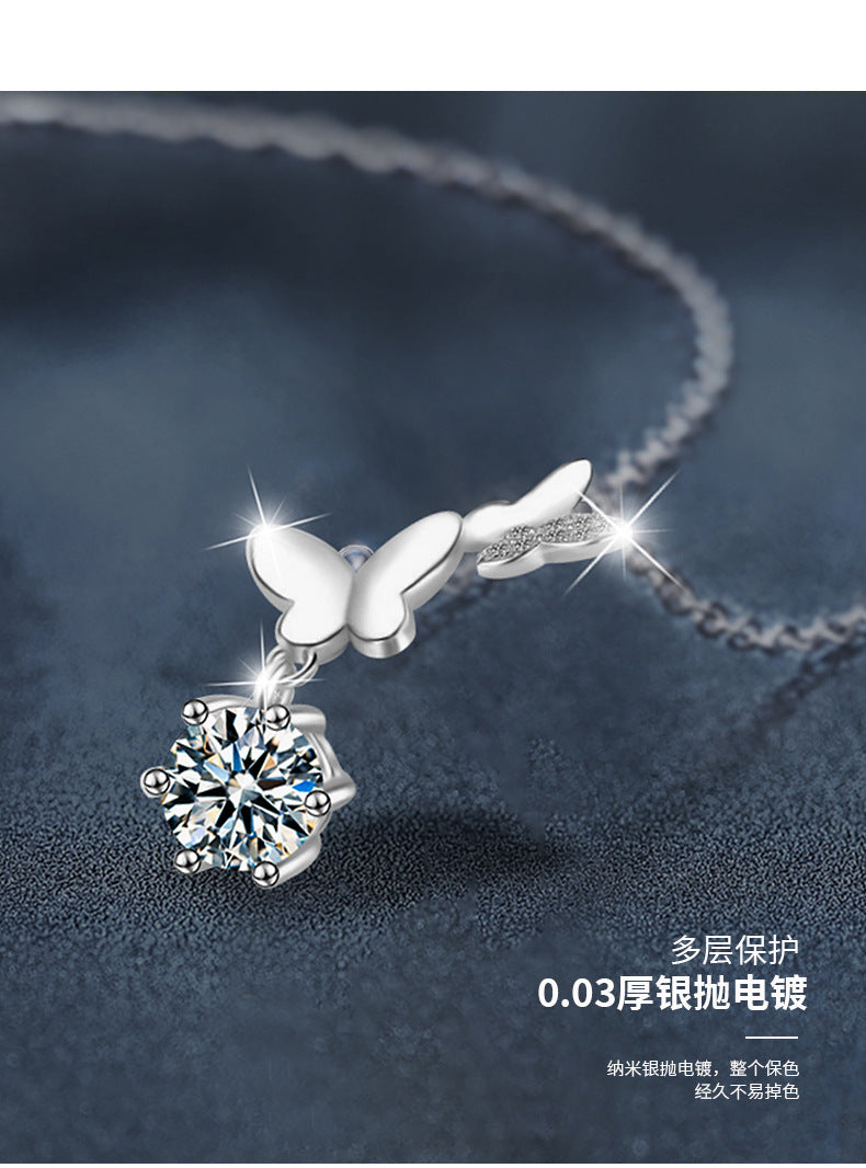 925 Silver Moissanite Butterfly Necklace, Colorfast, Women's Design, Autumn Winter High-end Collar Chain, Ins Unique Accessories