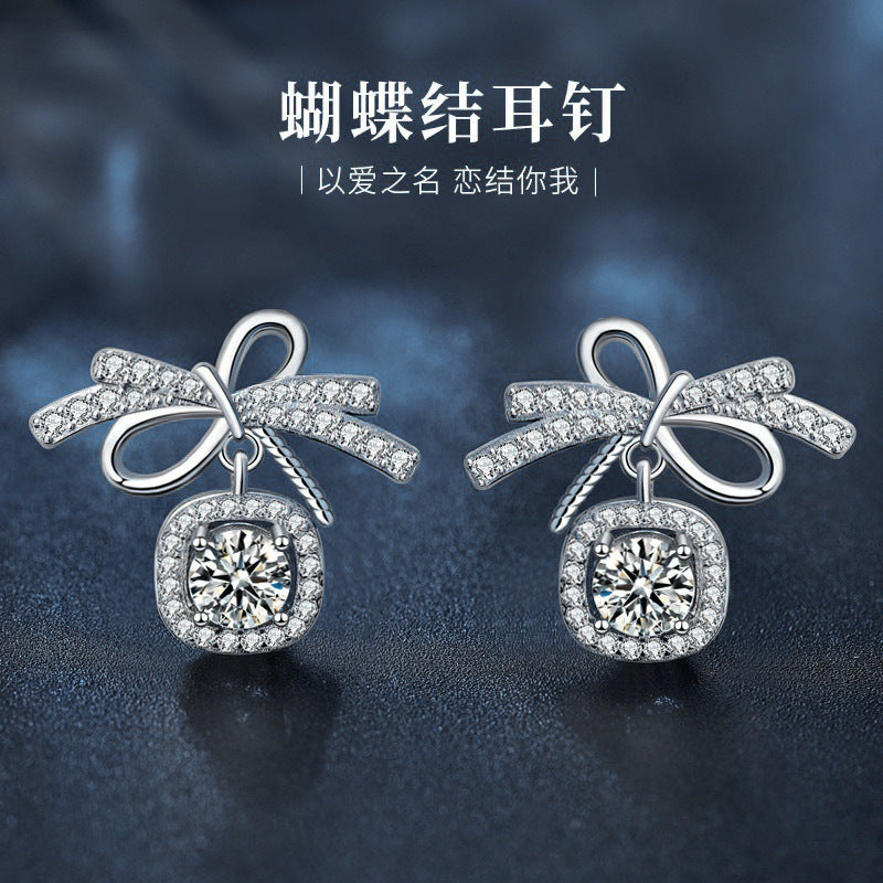 Original 925 Sterling Silver Bow Stud Earrings for Women, Simple Ins Style Moissanite Drop Earrings, Exquisite Minimalist Silver Needle Earrings