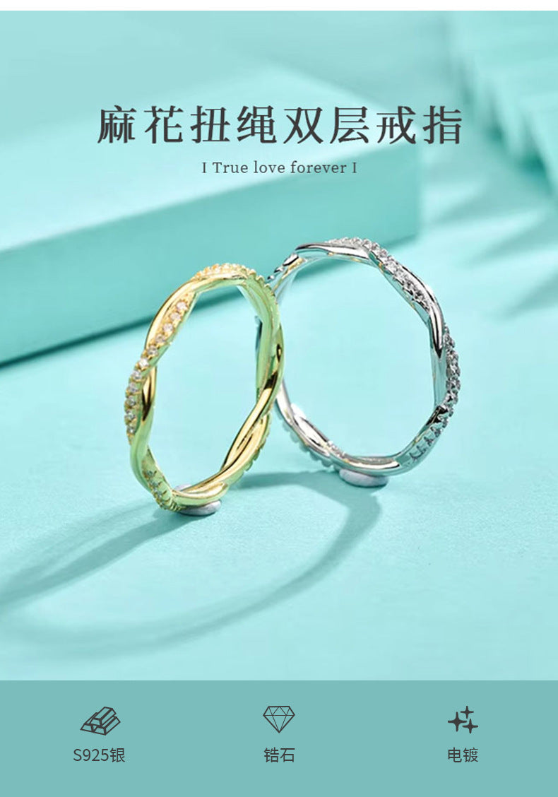 Hot-selling foreign trade 925 pure silver twisted rope ring with zirconia and rhodium plating, cross-border hit in Europe and America