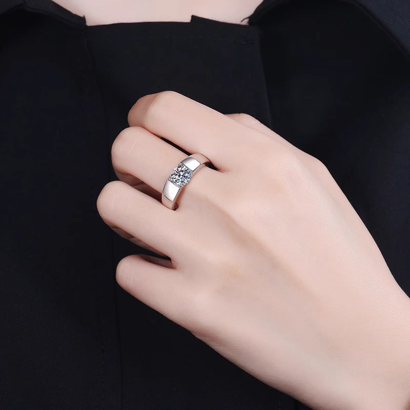 925 Sterling Silver Men's Platinum-tone Moissanite Ring Korean Style Polished Simple Open Ring Trendy Jewelry Couple