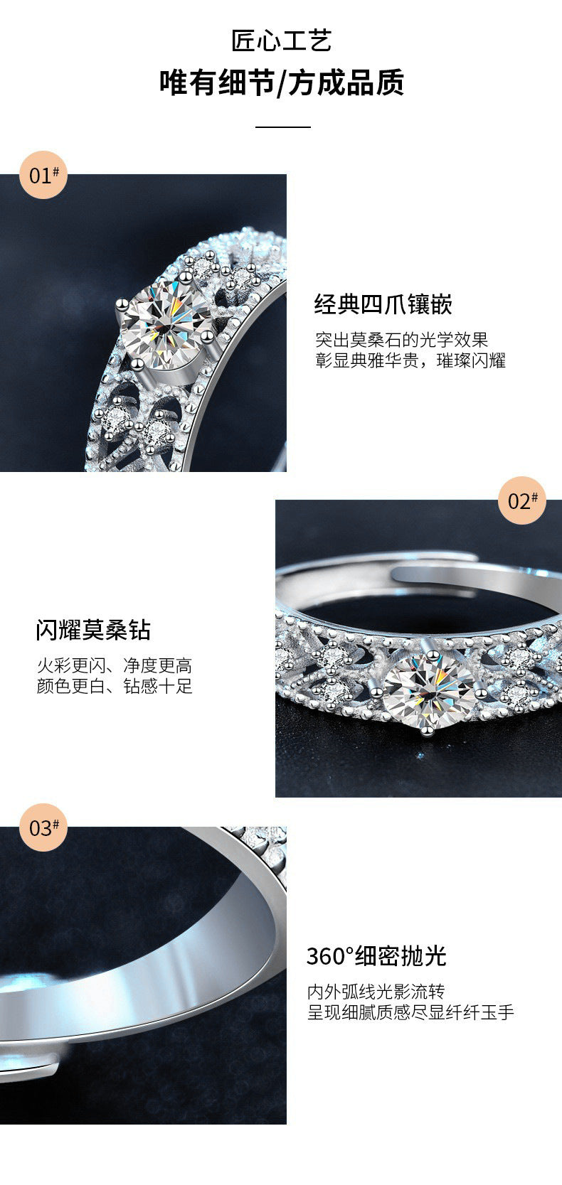 New European and American Moissanite 925 Silver Adjustable Open Ring, Women's Ins Unique Couple Gift