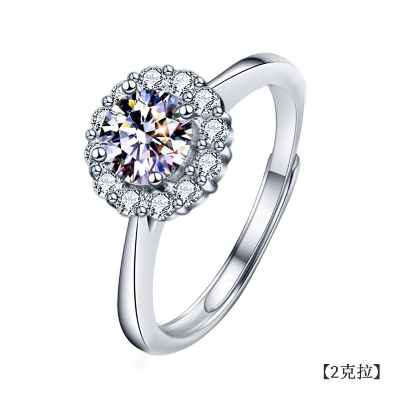 925 Sterling Silver Sunflower Ring Women's European and American Fashion Four-Claw Open Moissanite Diamond Ring Simulated Diamond Finger Ring