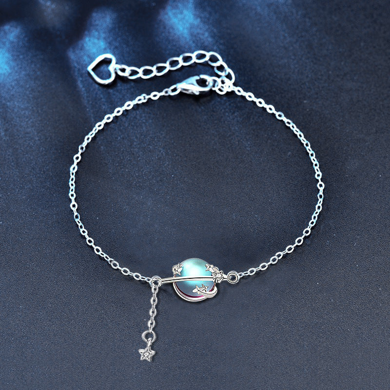 Moonstone Planet Bracelet 925 Sterling Silver Bangle for Women Mori Style Sweet Cute Tassel Small Ornaments