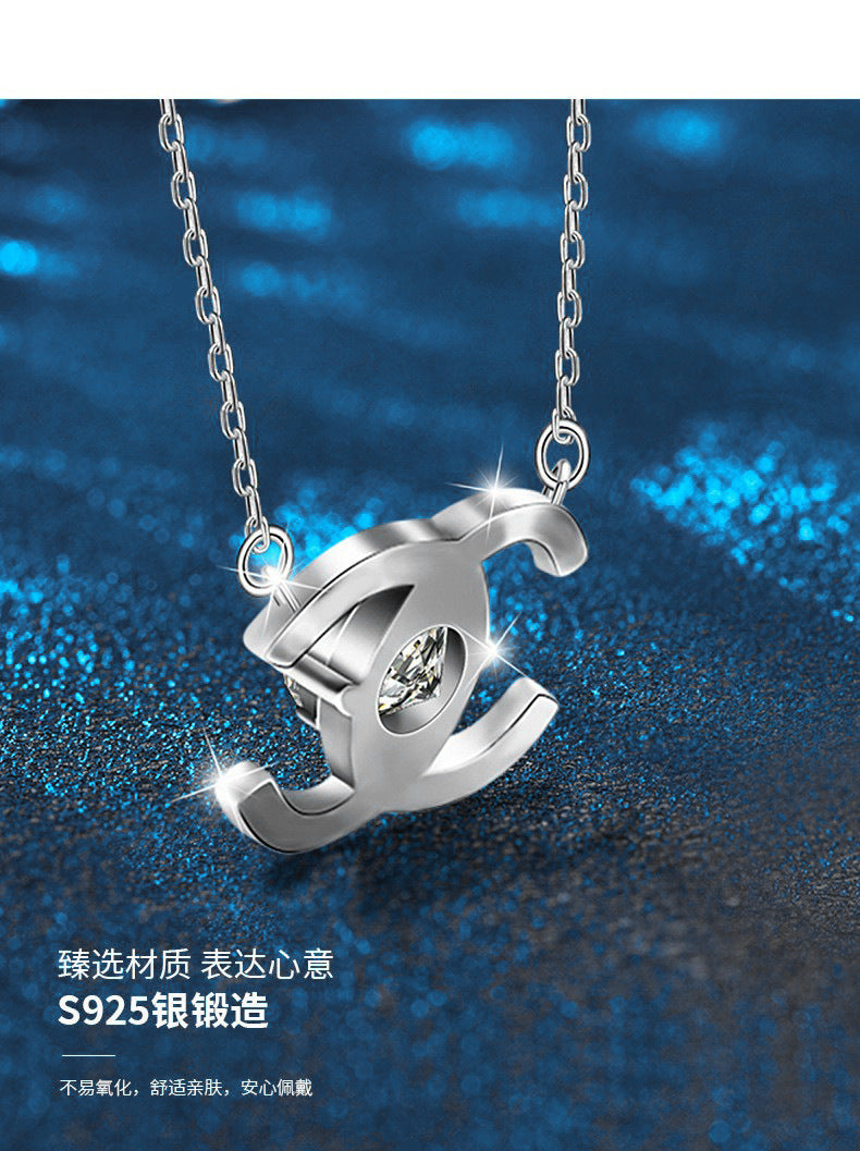 Cross-border New 925 Sterling Silver Necklace Chanel Style Double C Clavicle Chain Moissanite Pendant 1 Carat D Color
