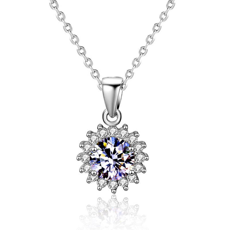 Moissanite 925 Sterling Silver Sunflower Necklace, European and American Flower Pendant, Cross-border Clavicle Necklace for Women