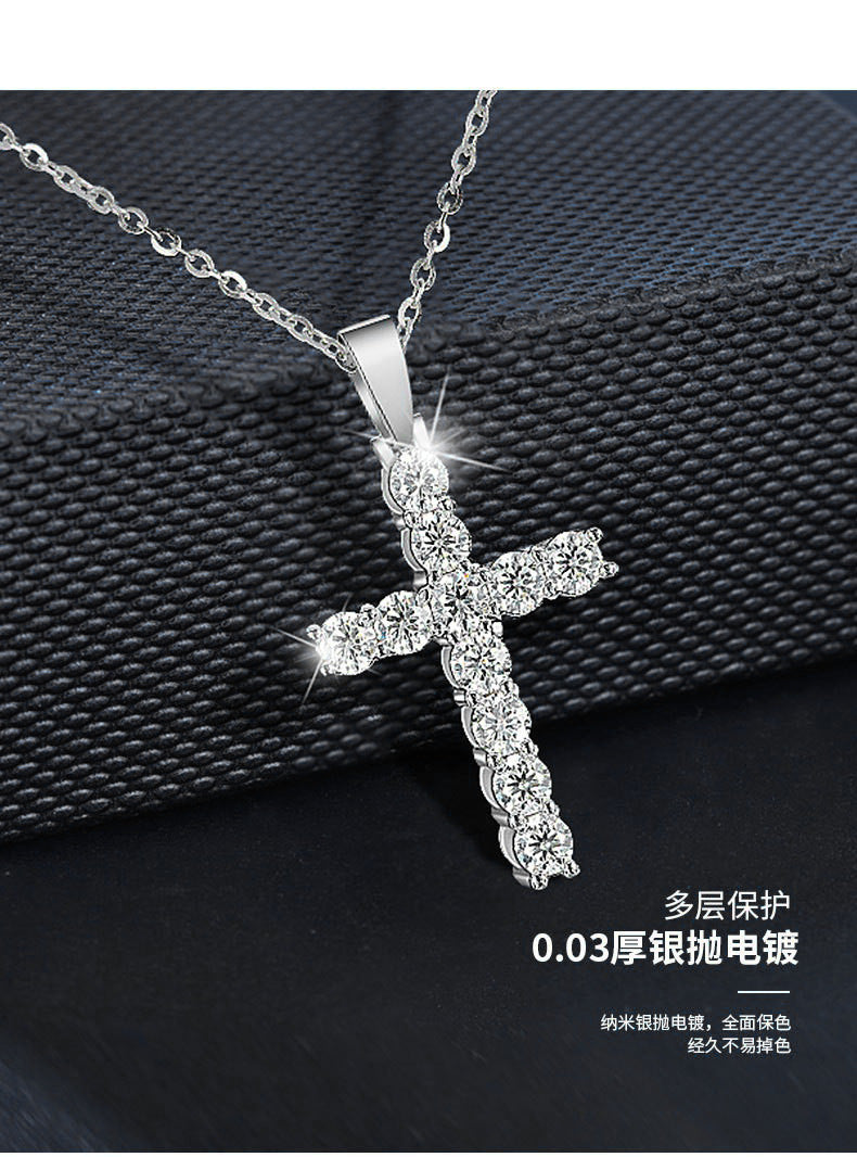 Moissanite 925 Sterling Silver Cross Necklace Pendant Women's Cross-border European and American Jewelry Wholesale Clavicle Chain Simple and Versatile
