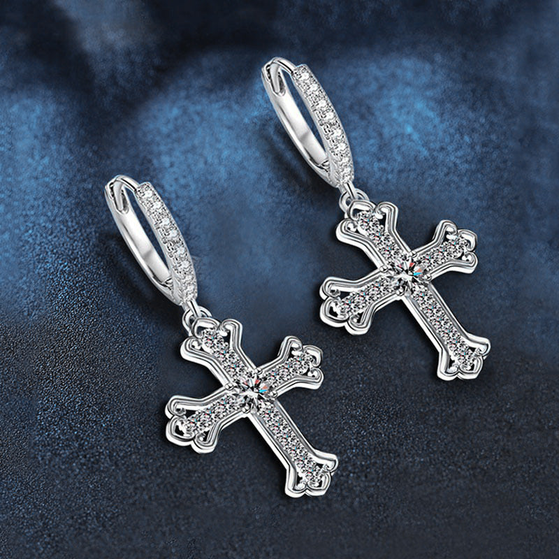 Wholesale 925 sterling silver earrings for women, new Moissanite cross ear buckles, trendy and high-end earrings with an ins style
