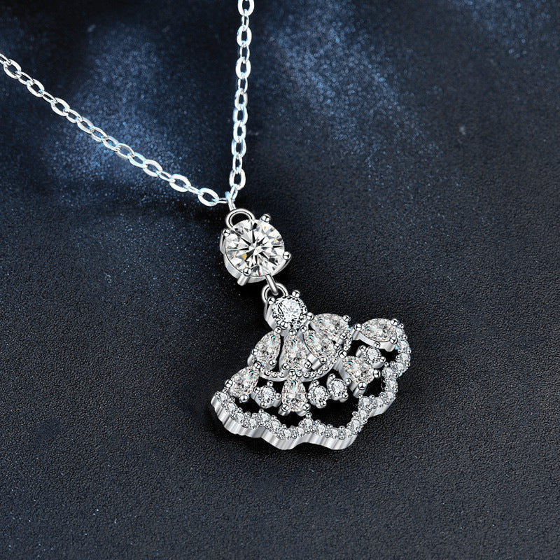 Moissanite small dress necklace for women, 925 pure silver full diamond fan pendant, unique design accessory, collar accessory