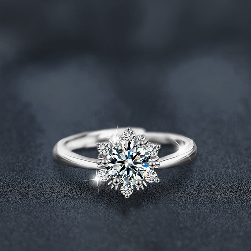 Moissanite Diamond S925 Sterling Silver Snowflake Ring, Women's Unique Style, Lightweight Luxury, High-end Design Ring, Cross-border Accessories