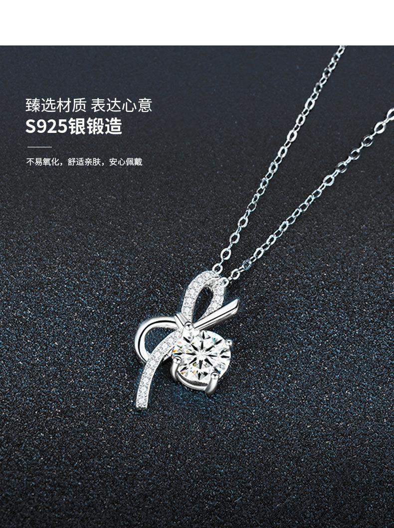 S925 Sterling Silver Luxury Bow Pendant Moissanite Necklace for Women, Unique Design, High-end Style, Cross-border Accessories