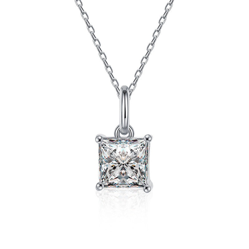 Cross-border jewelry moissanite princess cut necklace for women, 925 pure silver collar chain, ins trendy unique minimalist pendant