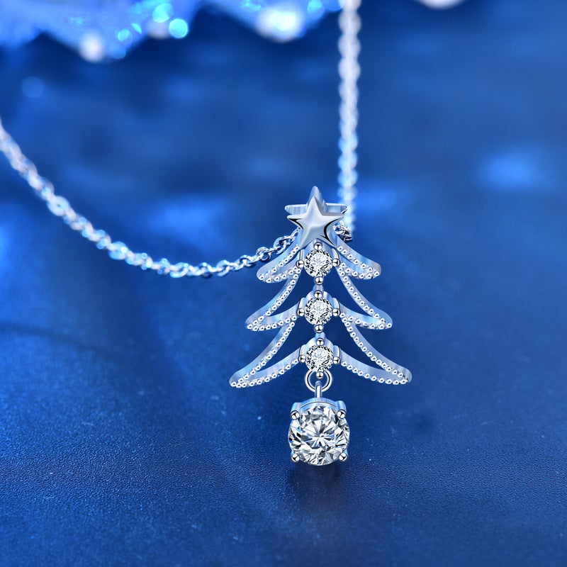 925 Silver Christmas Tree Necklace Pendant Jewelry, New European and American Style Moissanite Collar Accessories, Ins Christmas Gift