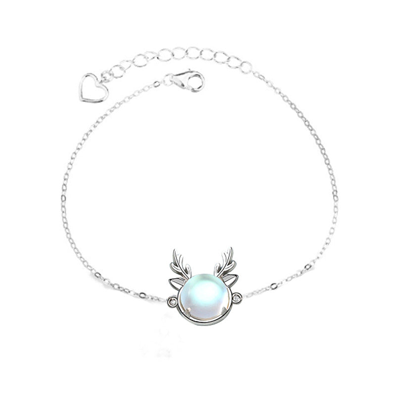Moonstone 925 Sterling Silver Deer With You Bracelet for Women, Mori Style, Fresh, Winter Christmas Gift Jewelry, Ins