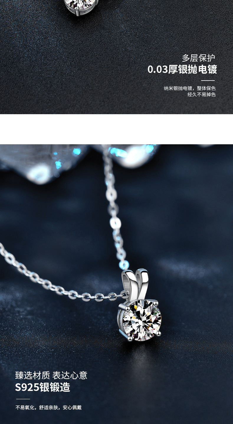 Moissanite 925 Sterling Silver Necklace for Women, Korean and Japanese Small Design Four-Claw Pendant, Simple Clavicle Necklace Jewelry Ins