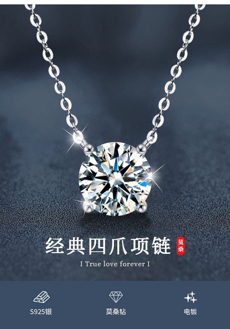 S925 Sterling Silver Moissanite Necklace for Women, Simple Luxury Classic Four-Claw Pendant Collar Jewelry