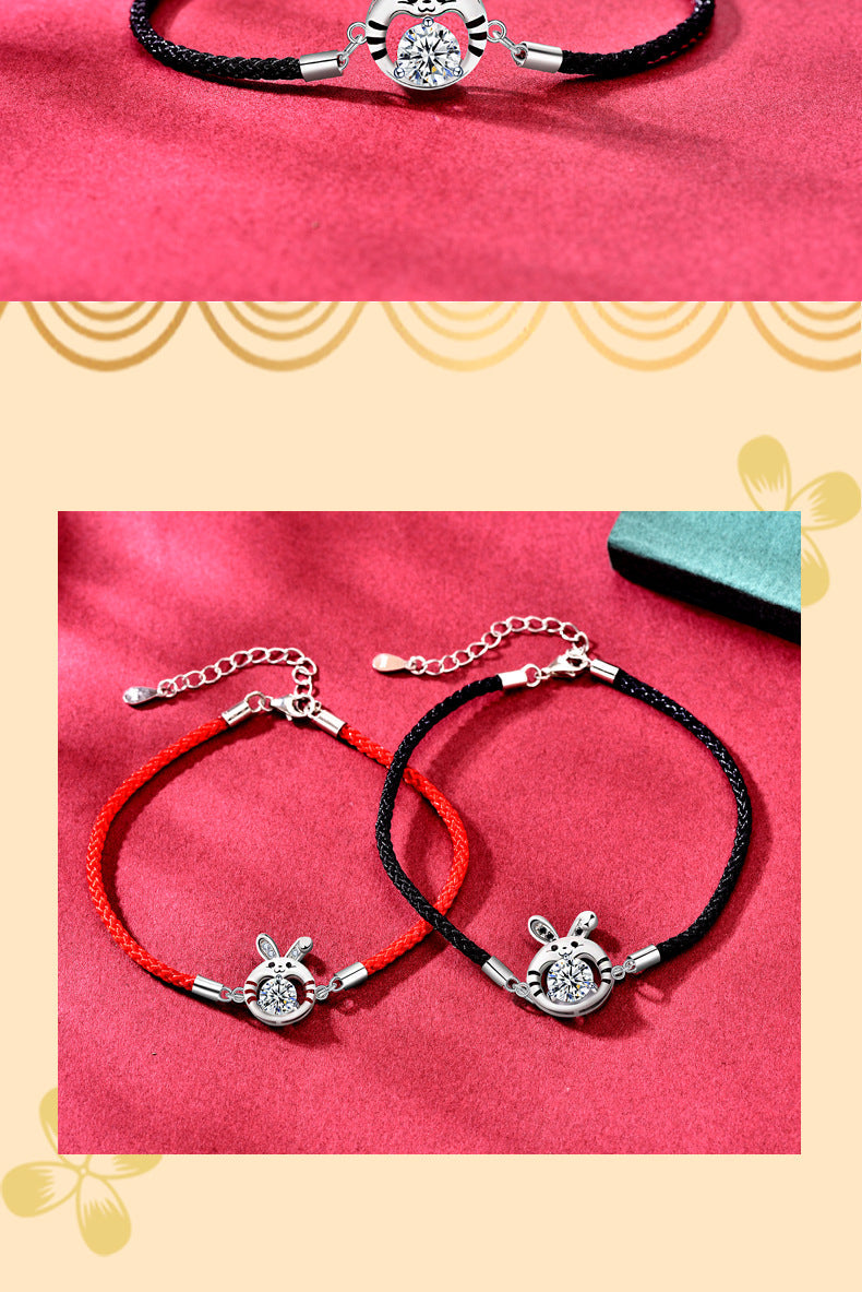 Moissanite Diamond Lucky Rabbit Couple Wristband 925 Pure Silver Bracelet High Version National Trend Zodiac Rabbit Year of Birth Ornament