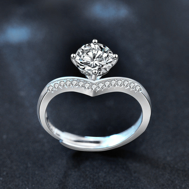 925 Sterling Silver Women's Princess Crown 1 Carat Moissanite Ring Fashion Open Ring V-shaped Heart Ring