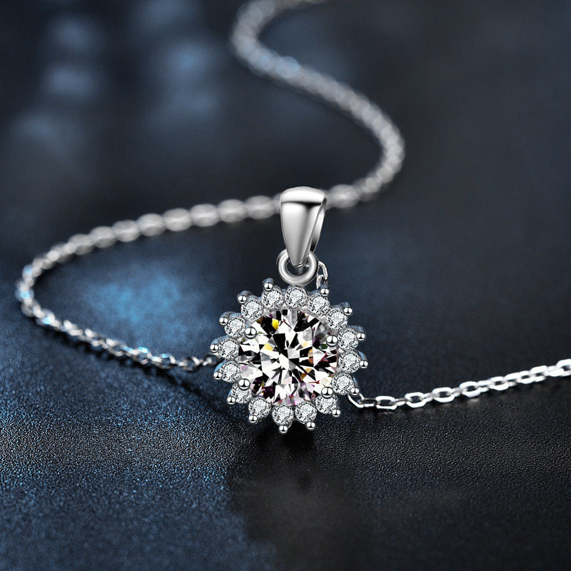 Moissanite 925 Sterling Silver Sunflower Necklace, European and American Flower Pendant, Cross-border Clavicle Necklace for Women