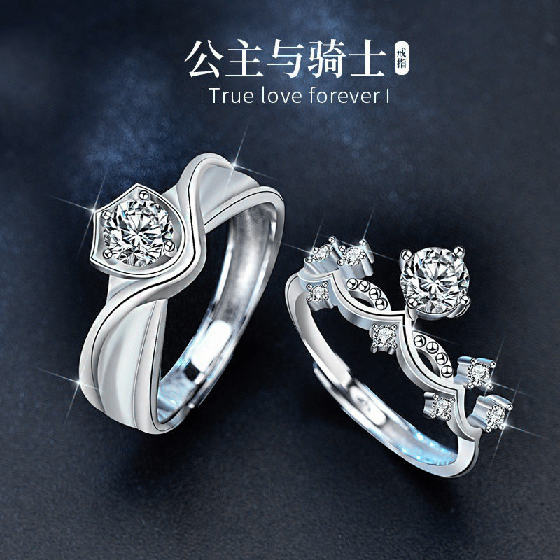 Original Princess and Knight Couple Rings Moissanite S925 Sterling Silver Rings Open Wedding Rings Jewelry Engraving