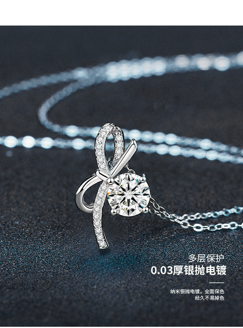 S925 Sterling Silver Luxury Bow Pendant Moissanite Necklace for Women, Unique Design, High-end Style, Cross-border Accessories