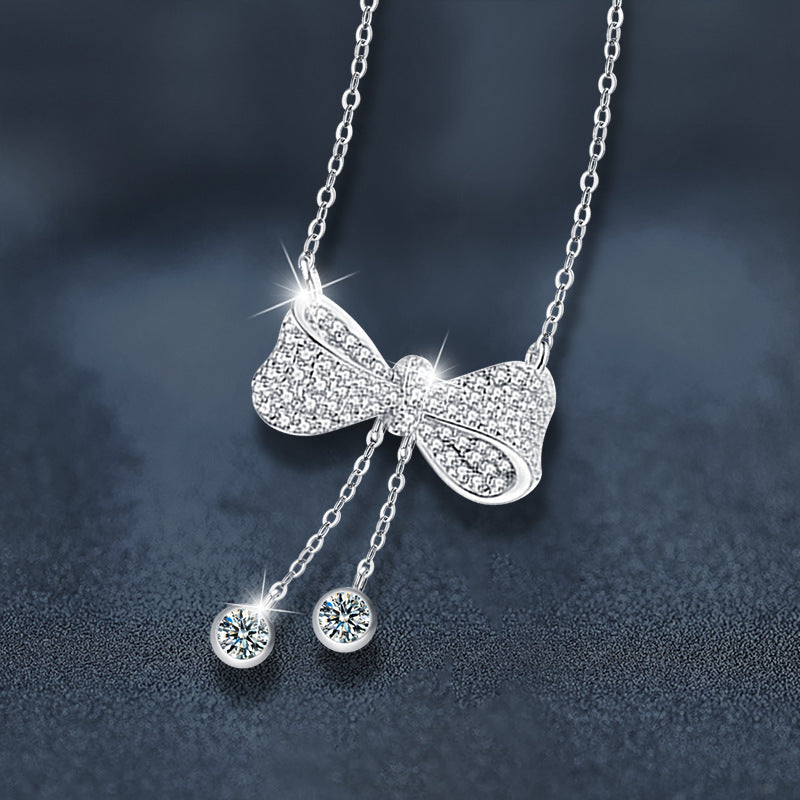 Women's Moissanite Jewelry Necklace 925 Silver Tassel Bow Pendant Luxury Collar Chain