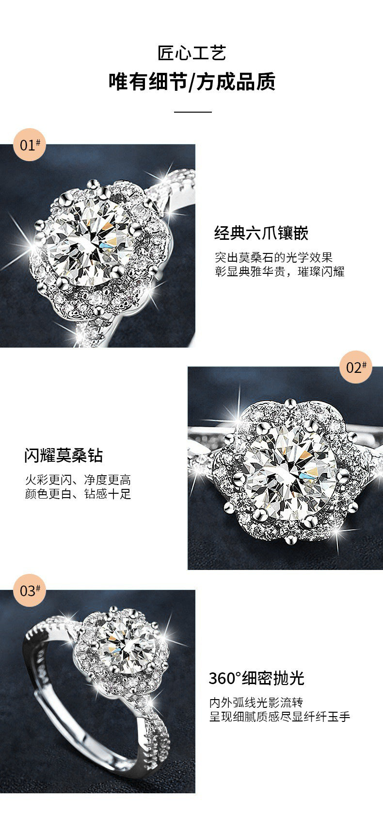 925 Sterling Silver Ring, Non-Fading, High-End Minimalist Style, Moissanite Open Ring, European and American Cross-Border Jewelry