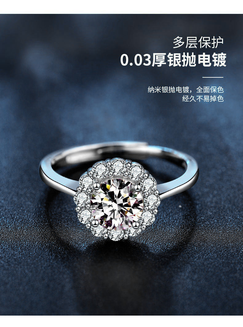 925 Sterling Silver Sunflower Ring Women's European and American Fashion Four-Claw Open Moissanite Diamond Ring Simulated Diamond Finger Ring