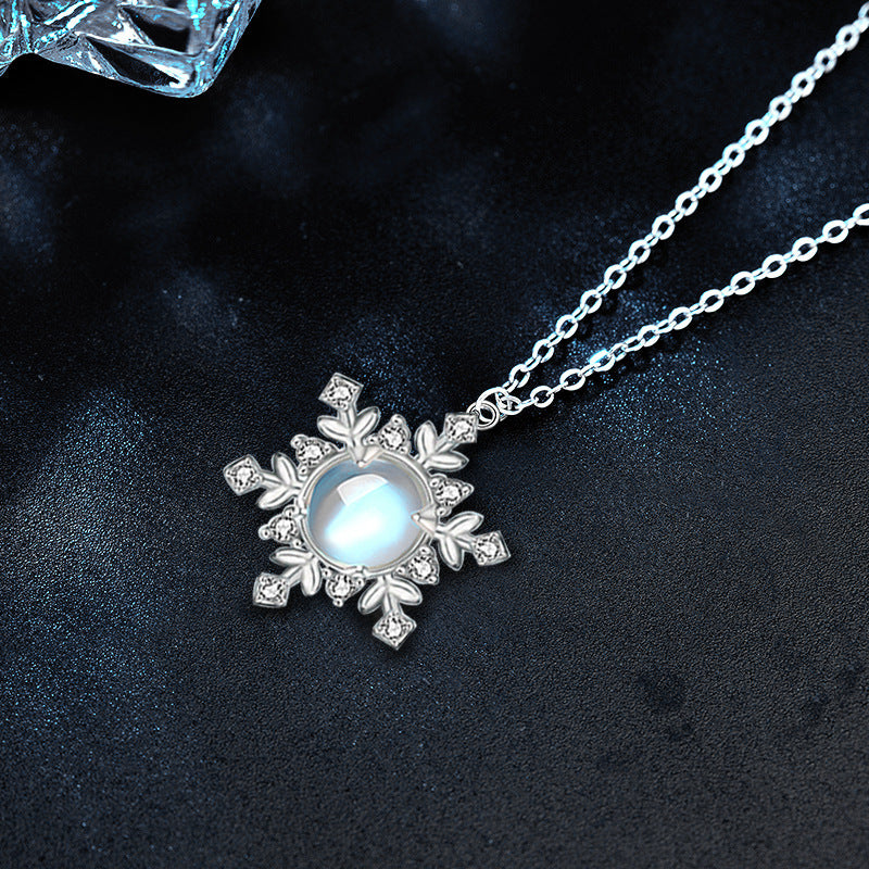 Moonstone Snowflake Necklace for Women, S925 Sterling Silver Pendant, Korean Style Fresh Clavicle Necklace, Christmas Gift Jewelry