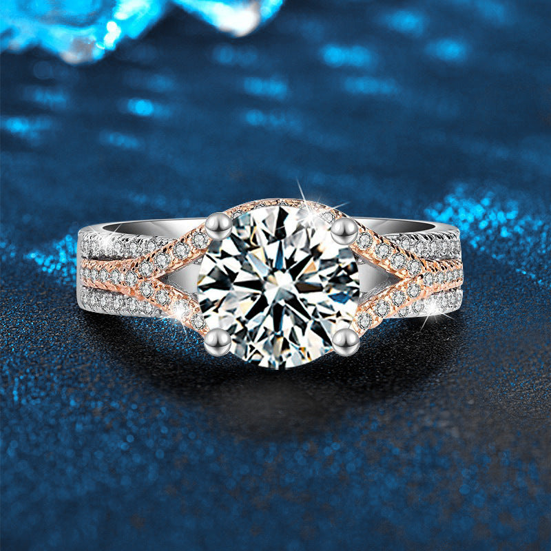 Moissanite Ring Jewelry, Bold and Unique, Split Two-Color Diamond Ring, 925 Sterling Silver, INS Style Ring